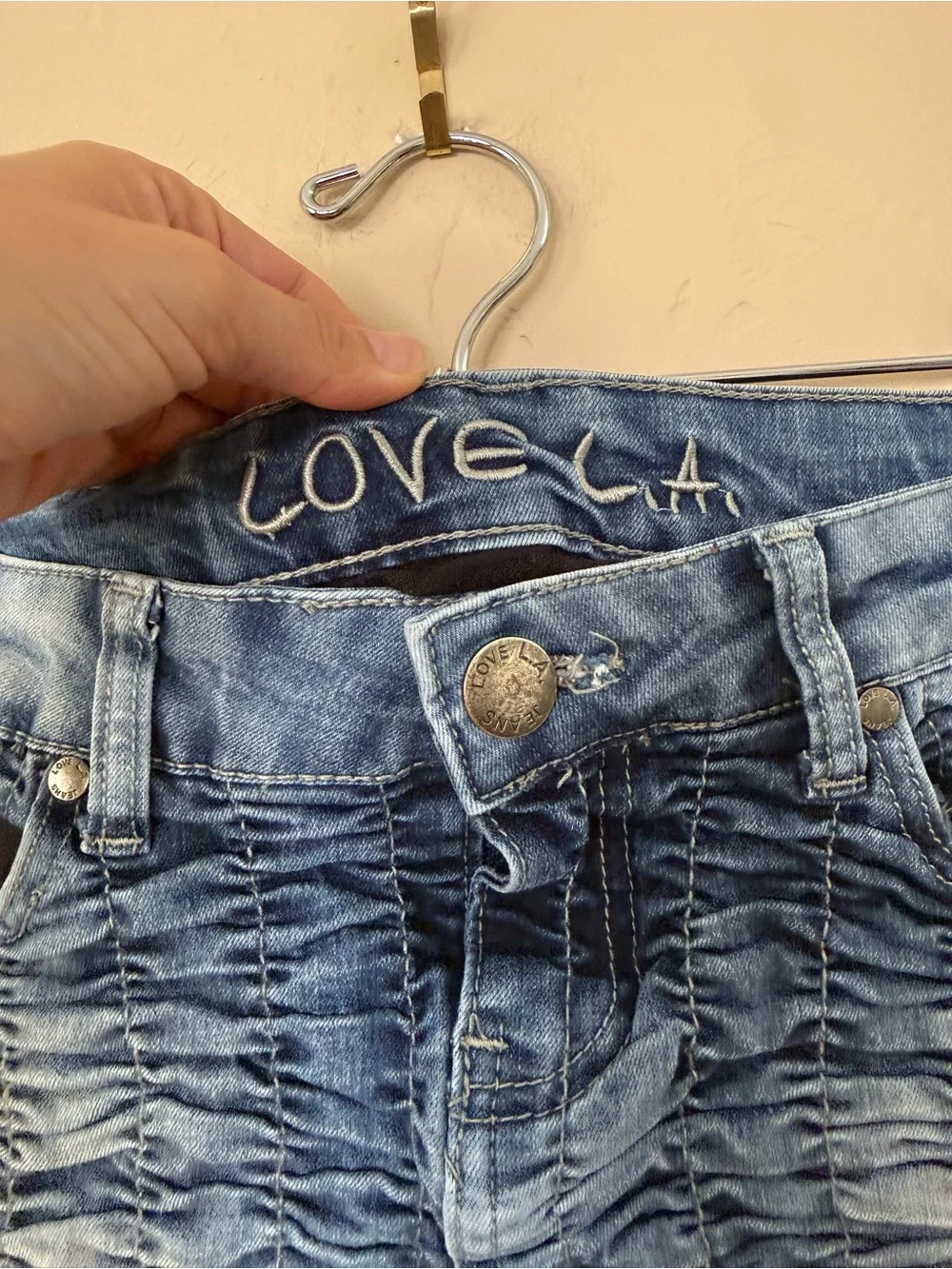 Love LA Ruched Denim Mini Skirt | Size 7 | Y2K Low Rise Micro Mini